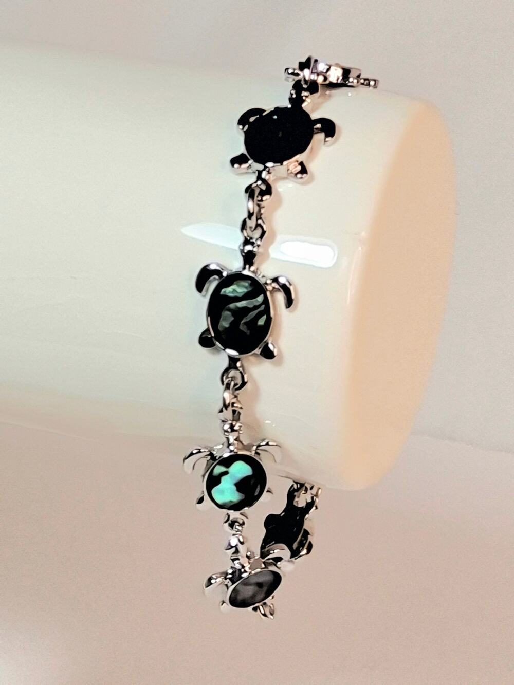 Silver Tone Abalone Shell Turtle Charm Bracelet Iridescent Mermaidcore